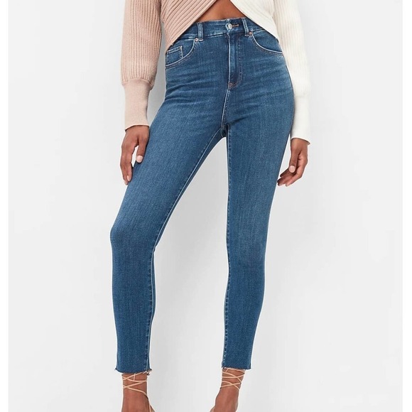 New Express Super High Waisted Flexx Skinny Raw Hem Stretch Jeans Size S Small - Picture 1 of 9